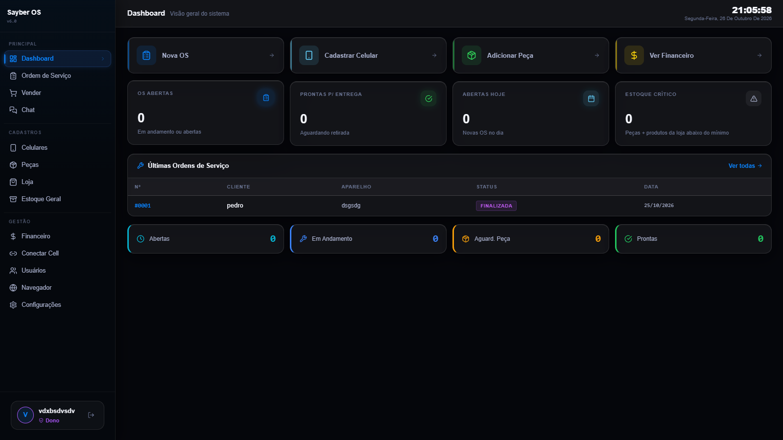 Dashboard do Sayber OS no computador